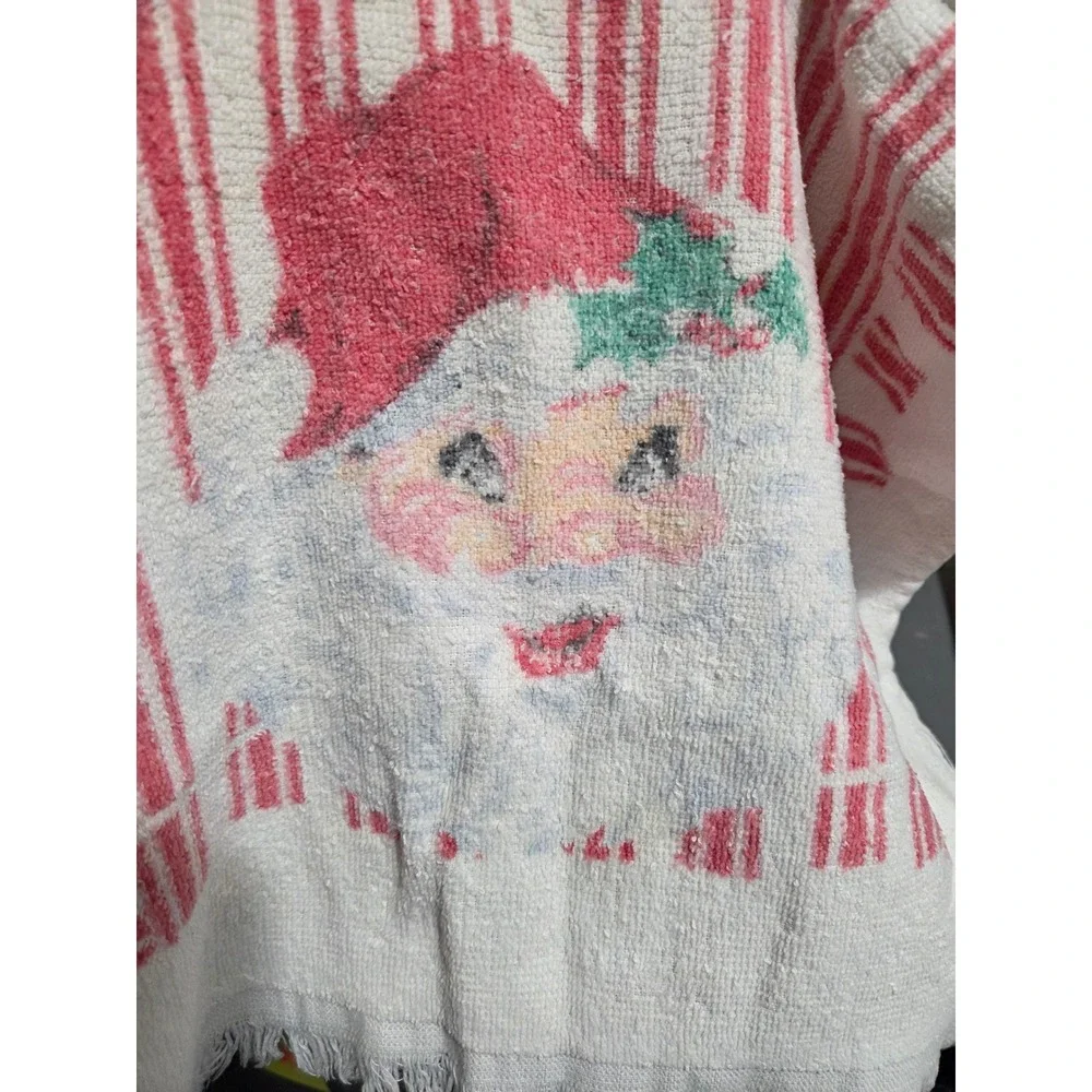 VTG Kitschy Christmas Santa Claus Hand Towel Red Striped Fringe Cotton Terry